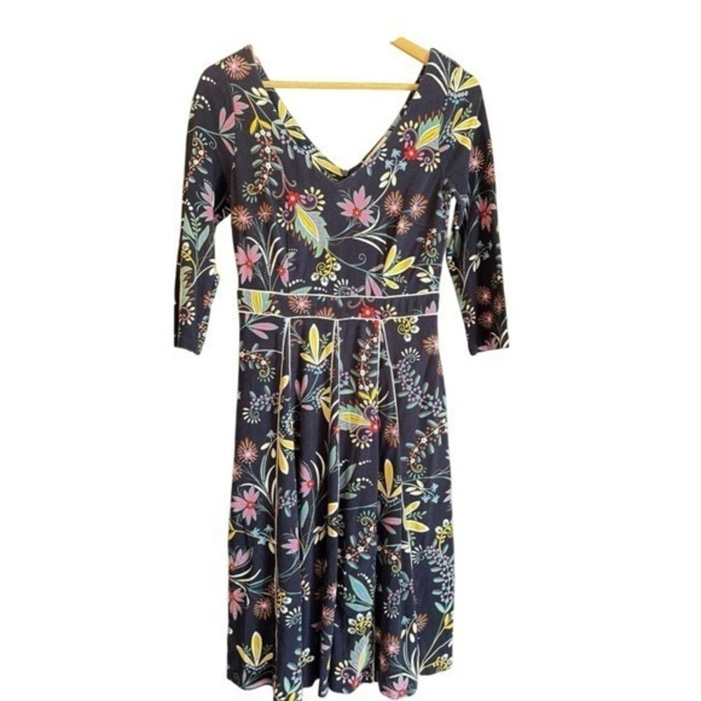 Boden Excellent Dress Women 4R Navy Floral V-Neck 3/4 Sleeve Pleated Midi